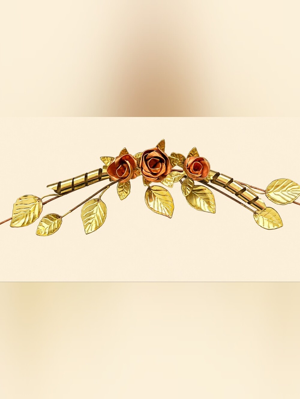 Vintage MCM Brass Copper Rose Wall Decor 29" Metal Floral Swag Regency